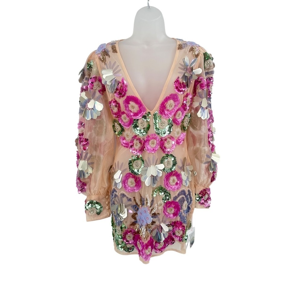 ASOS LUXE Sheer Mesh Mini Dress Plunge Sequin 3D Floral Embellished Size 4 Party
